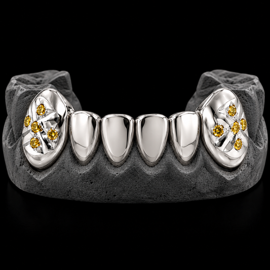 2 Gold Fang Teeth With Diamonds, white gold and silver grill set with diamond accents
