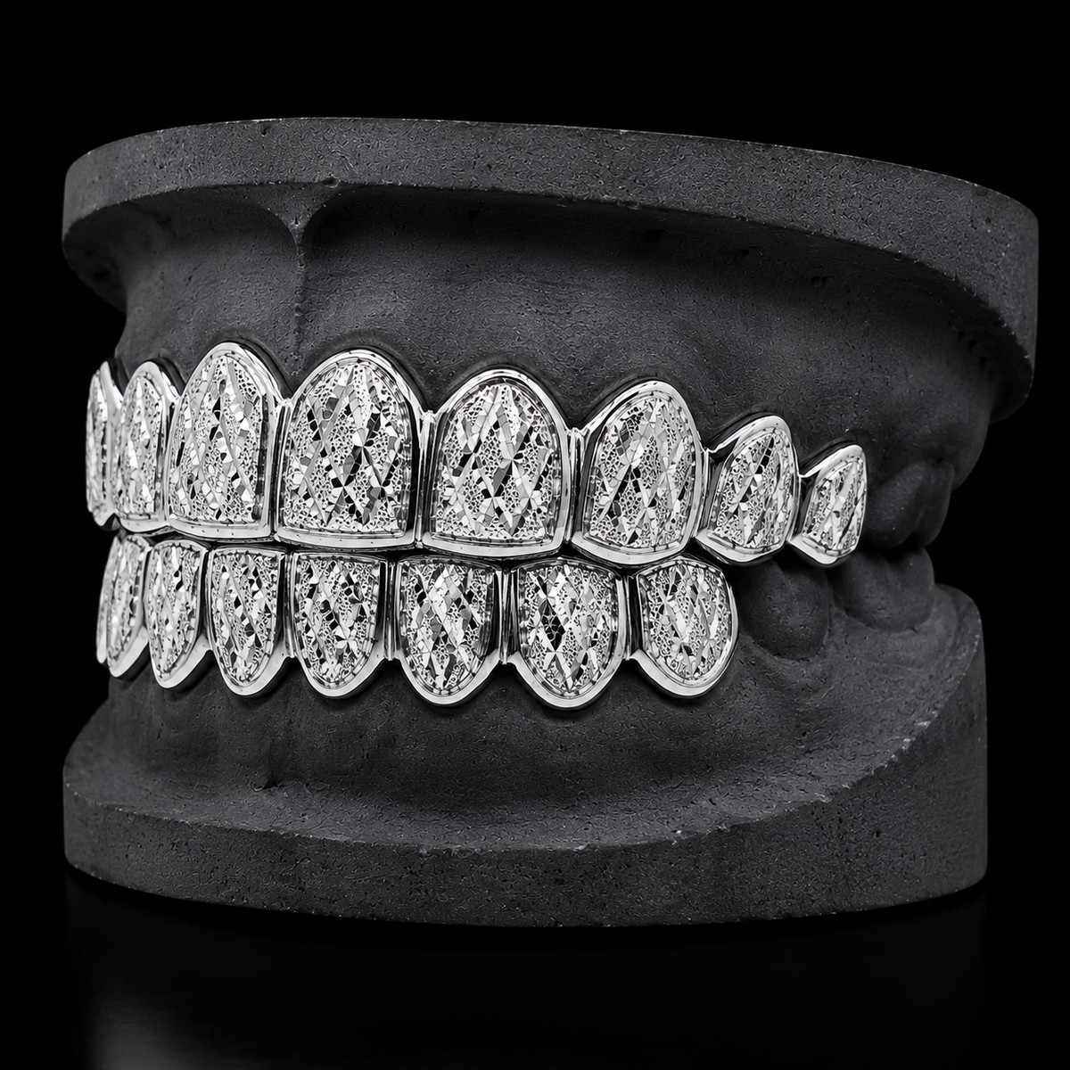 925 Solid Sterling Silver 18K White Gold Plated Dust + Diamond Cut Grillz