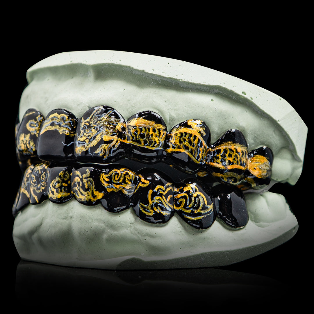 Hand Painted Fine China Porcelain Themed Grillz (Black)