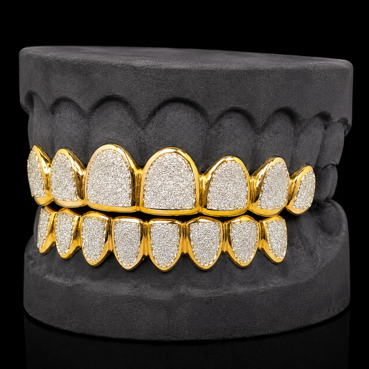 925 Sterling Silver 18K Yellow Gold Plated Two Tone Diamond Dust Cut Custom Grillz
