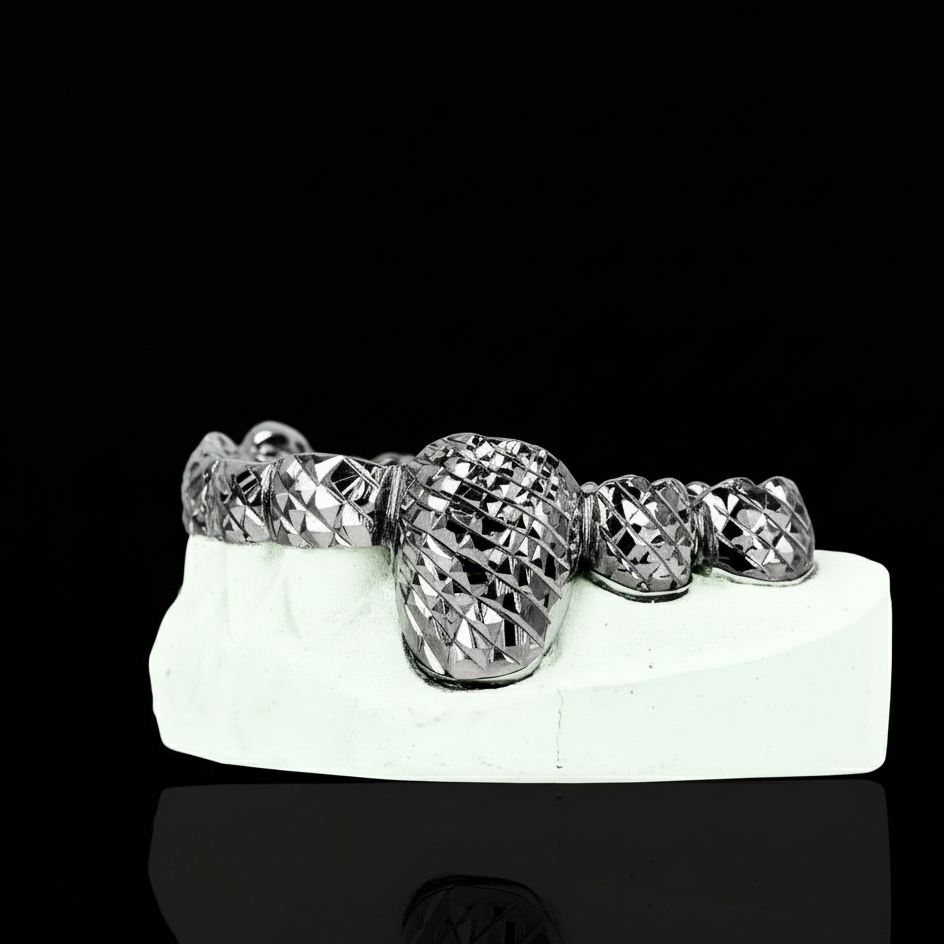 Custom 2 Teeth With Bar With Black Rhodium With Trillion Cut Gold Grillz