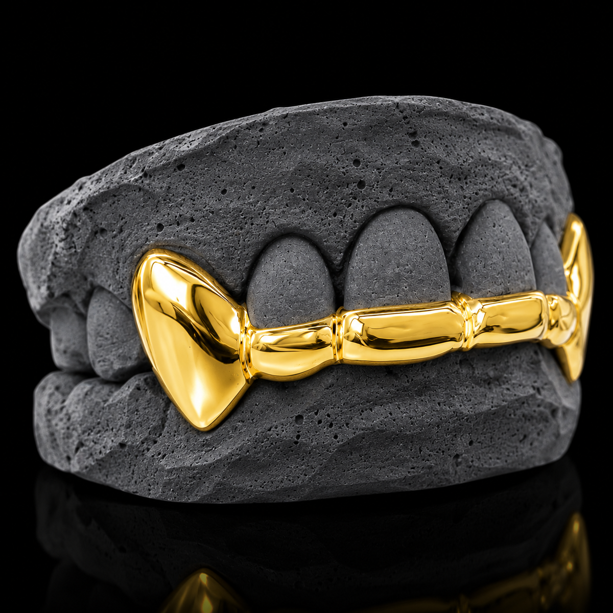 Custom 2 Teeth With Front Bar With Extended Fangs Gold Grillz