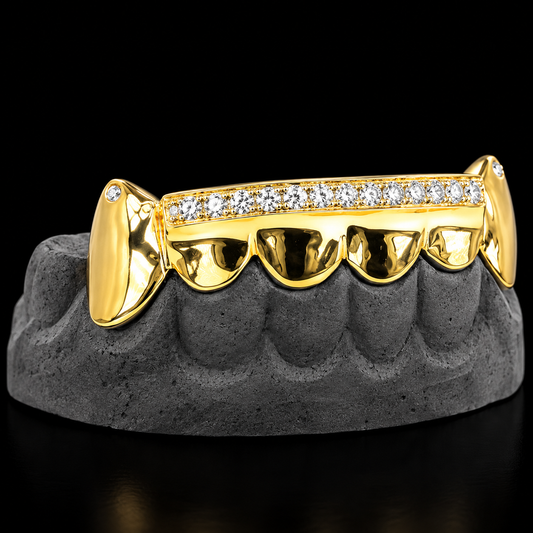 Gold 6-tooth diamond bar grillz with extended fangs and single diamond tips