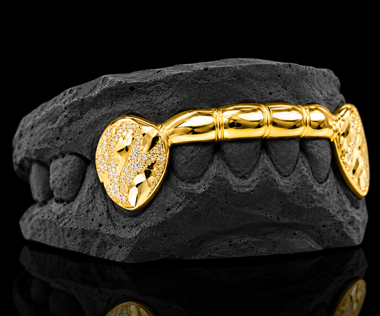 Custom 2 Teeth With Front Bar With Nugget Cut On Fangs Gold Grillz