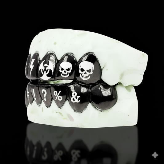Custom 6 Teeth Joker Grill With Black Rhodium With Engravings Gold Grillz