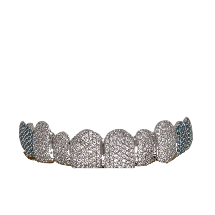 CUSTOM HAND SET 10 ON 10 NATURAL WHITE DIAMOND AND BLUE DIAMOND FANGS GOLD GRILLZ (STRAIGHT SETTING)