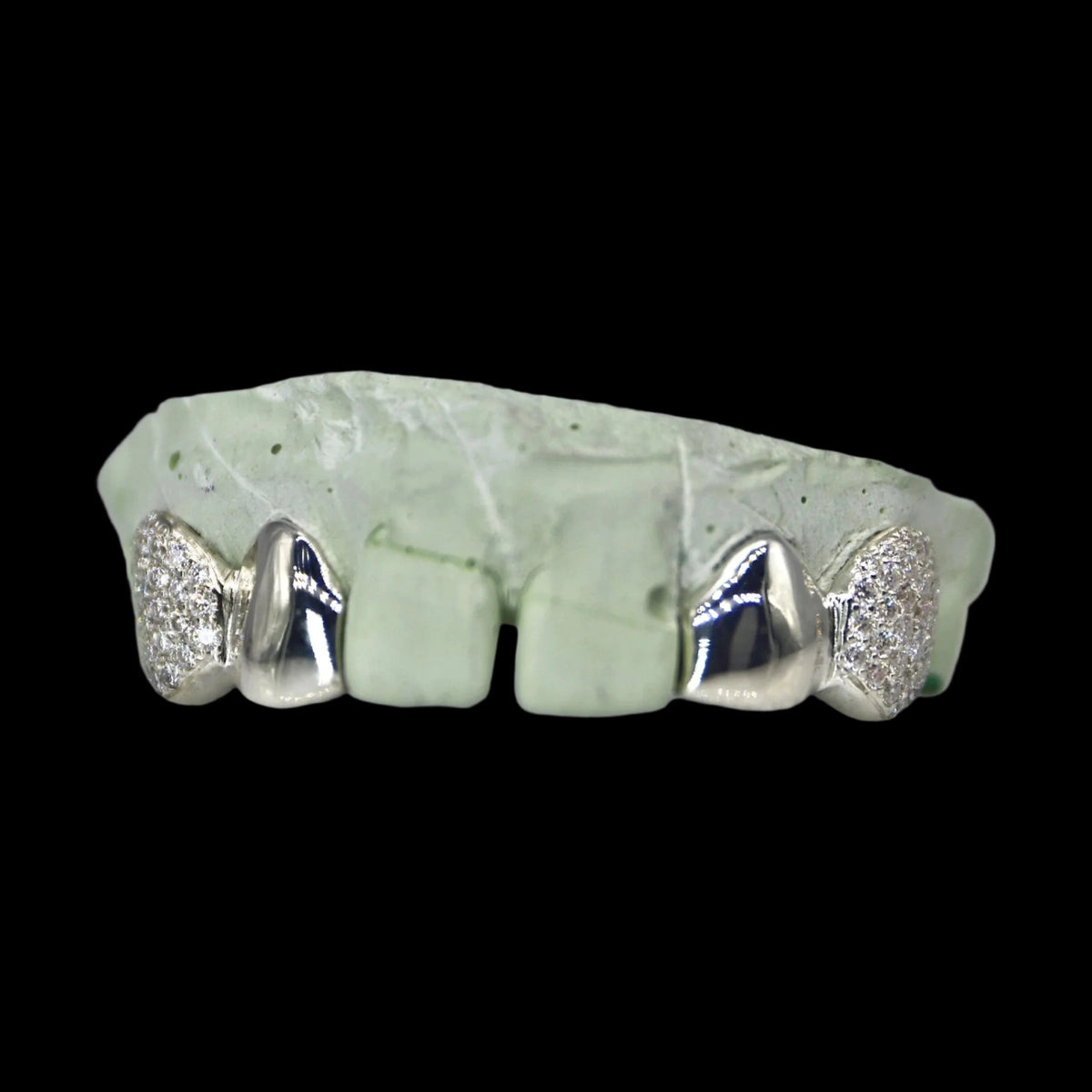 Symmetrical 2-teeth VVS Moissanite Diamond Grillz set with silver solid ends and mirror-polished finish