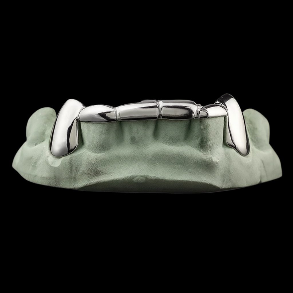 Custom 2 Teeth Fangs With Front Bar Gold Grillz