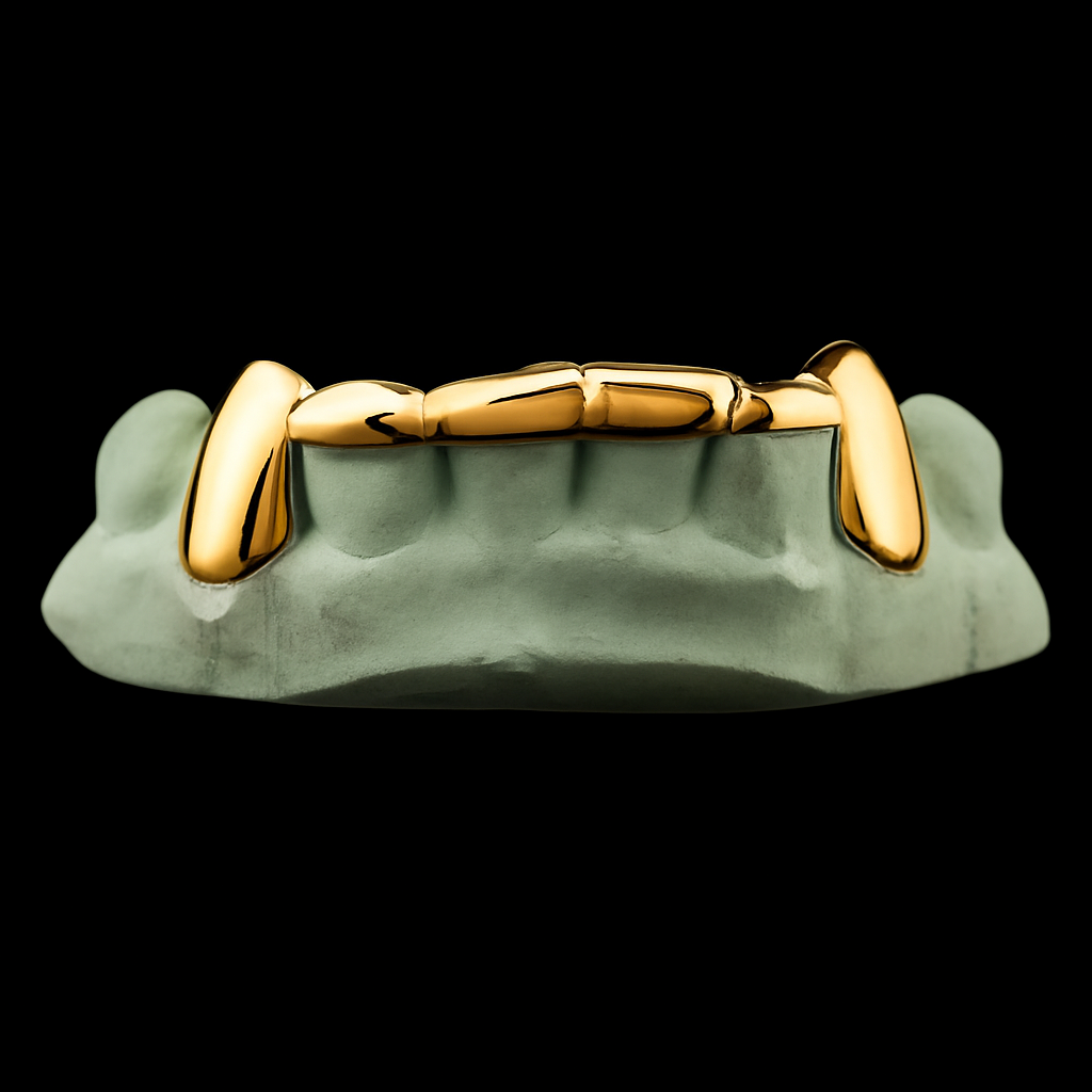 Custom 2 Teeth Fangs With Front Bar Gold Grillz