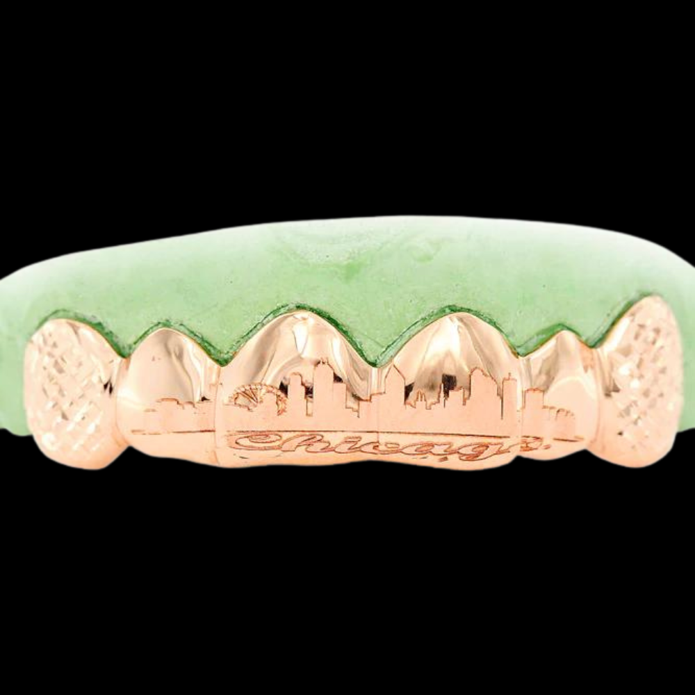6 Solid 4 Engraved Teeth Yellow Gold Grillz