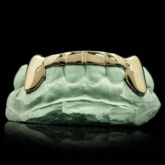 Custom 2 Teeth With Front Bar With Extended Fangs Gold Grillz