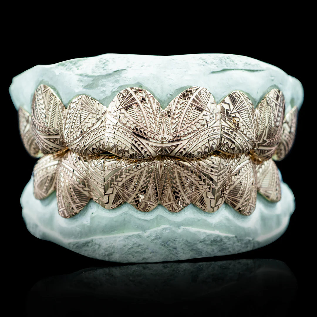 Custom Tribal Engravings Gold Grillz