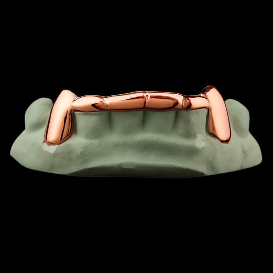 Custom 2 Teeth Fangs With Front Bar Gold Grillz