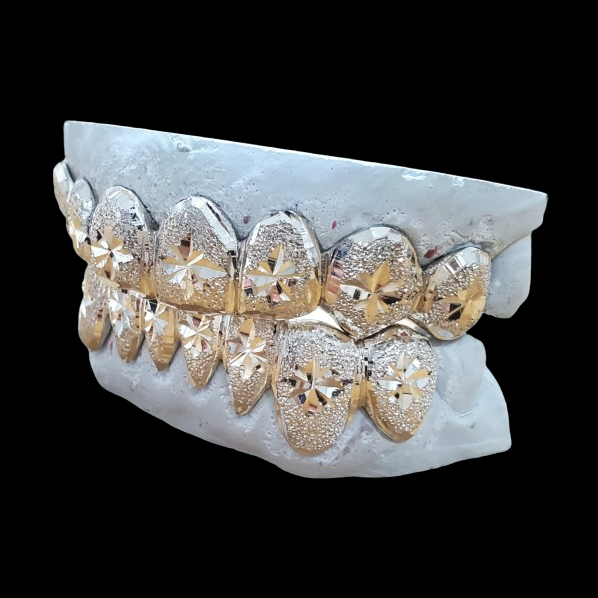Silver 8-Piece Starburst Cutout Grillz with Diamond Dust Texture