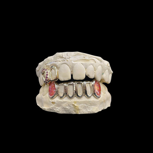 Custom Solid Gold Red Opal Extended Fangs Gold Grillz
