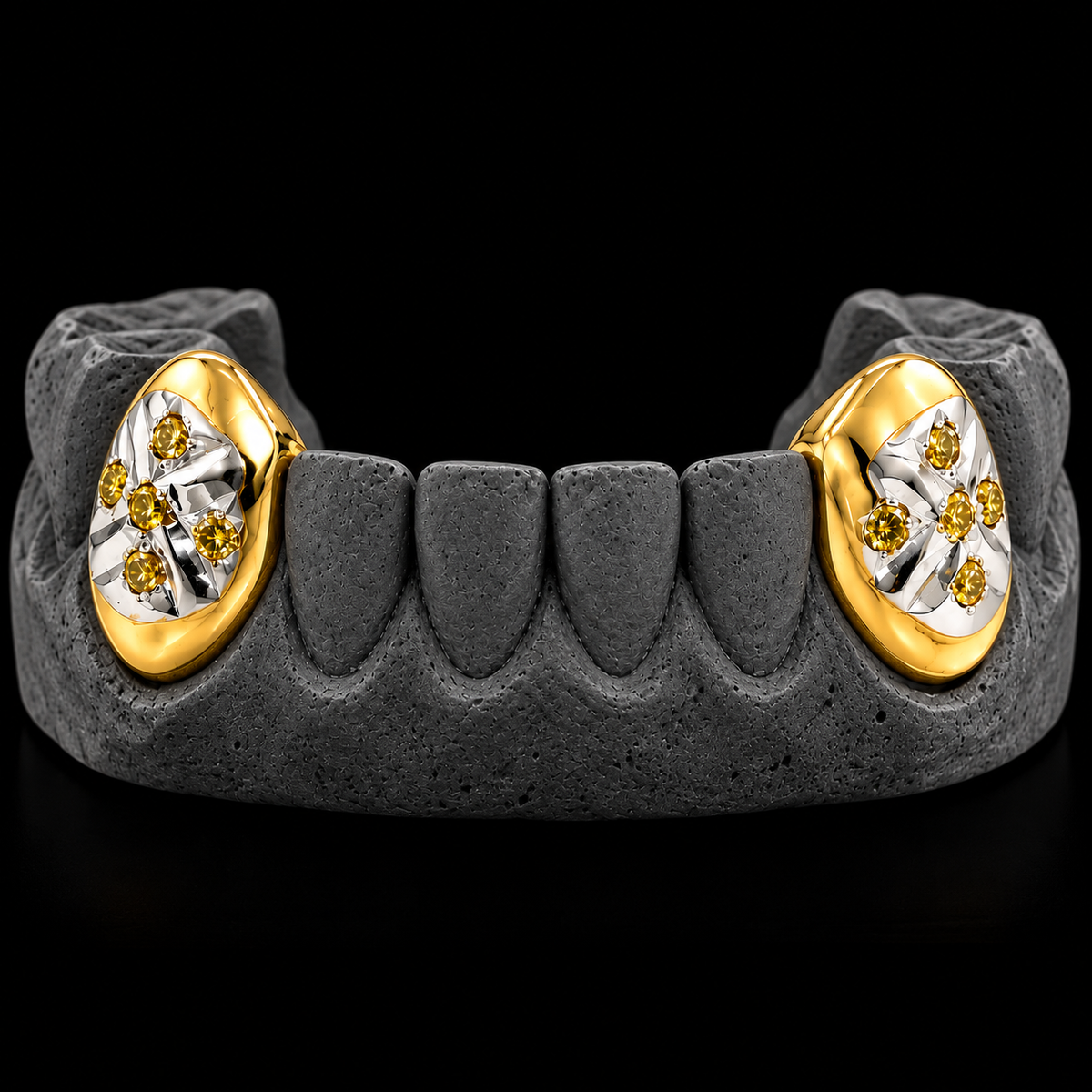 2 Gold Fang Teeth With Diamonds, yellow gold and silver grillz with pave-set stones