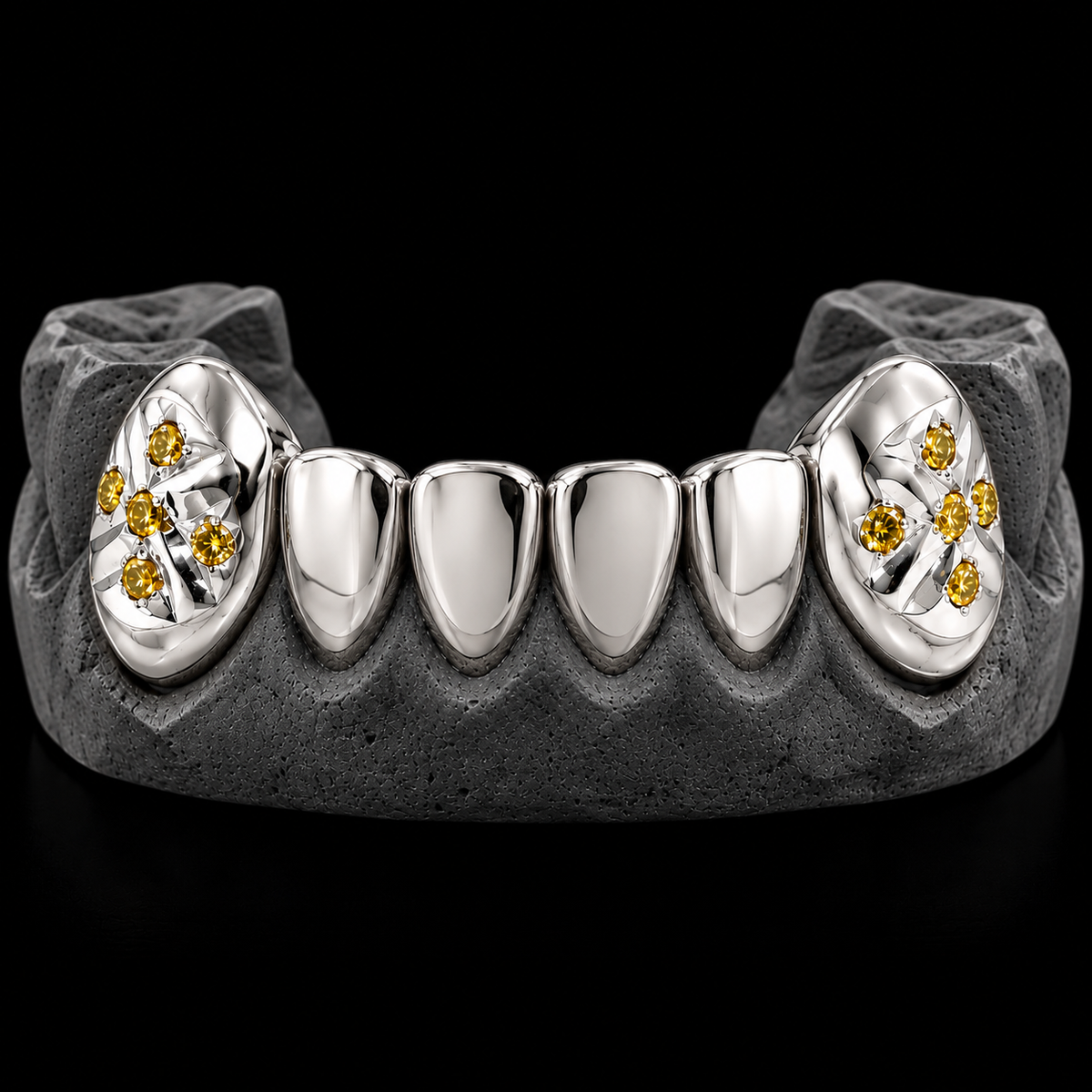 2 Gold Fang Teeth With Diamonds, white gold and silver grill set with diamond accents