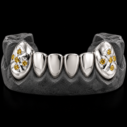 2 Gold Fang Teeth With Diamonds, white gold and silver grill set with diamond accents