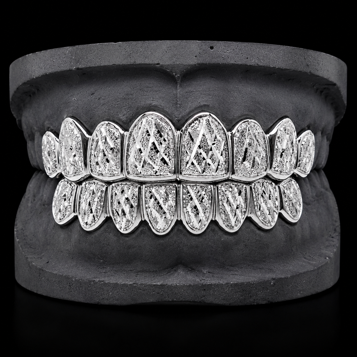 925 Solid Sterling Silver 18K White Gold Plated Dust + Diamond Cut Grillz