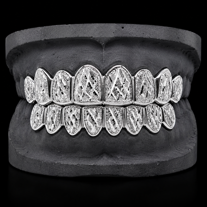 925 Solid Sterling Silver 18K White Gold Plated Dust + Diamond Cut Grillz