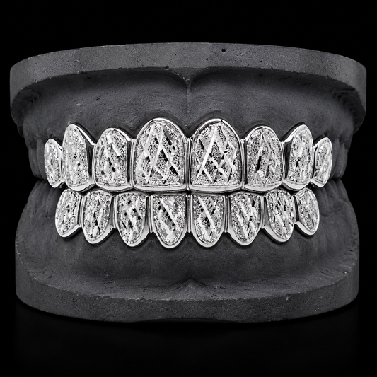 925 Solid Sterling Silver 18K White Gold Plated Dust + Diamond Cut Grillz