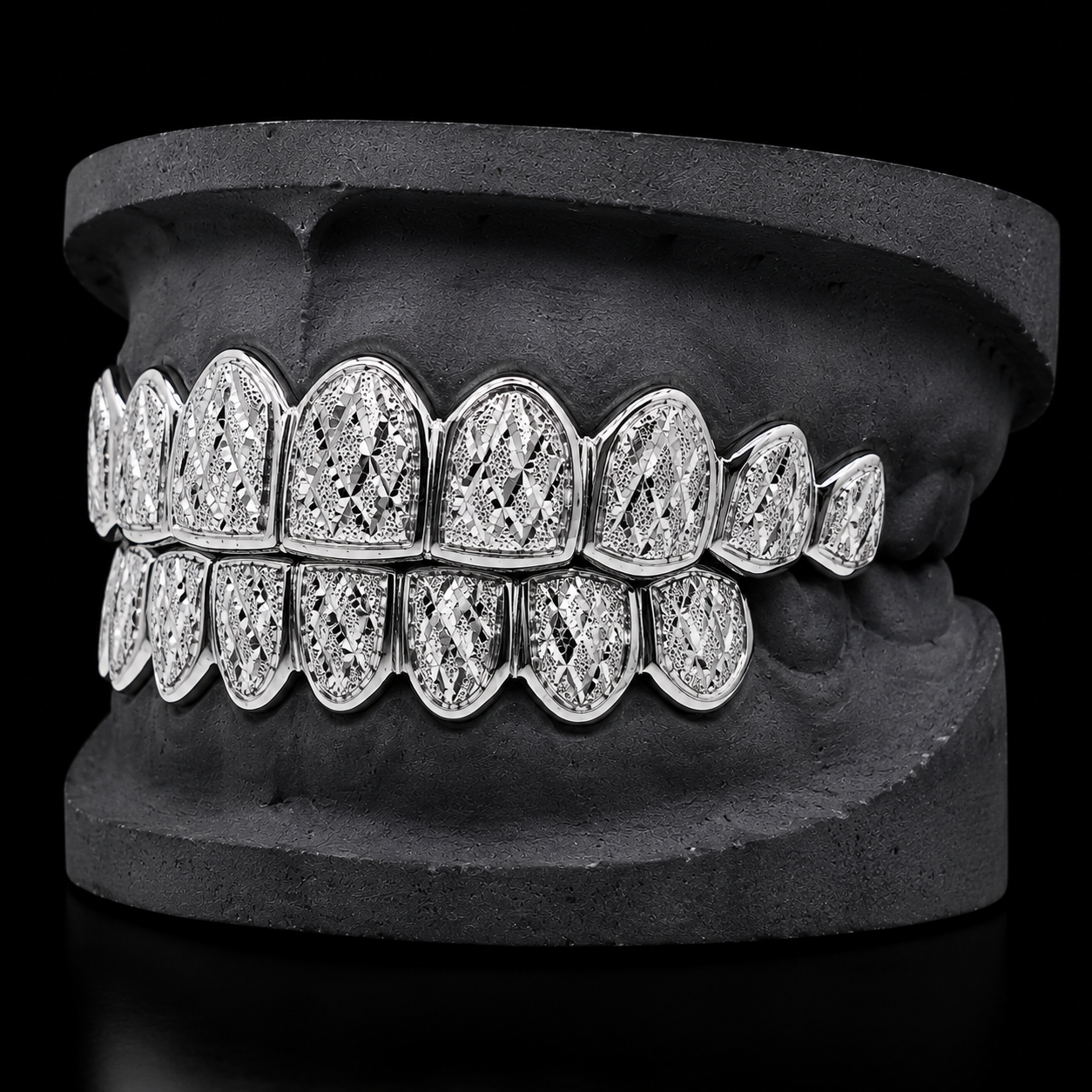 925 Solid Sterling Silver 18K White Gold Plated Dust + Diamond Cut Grillz
