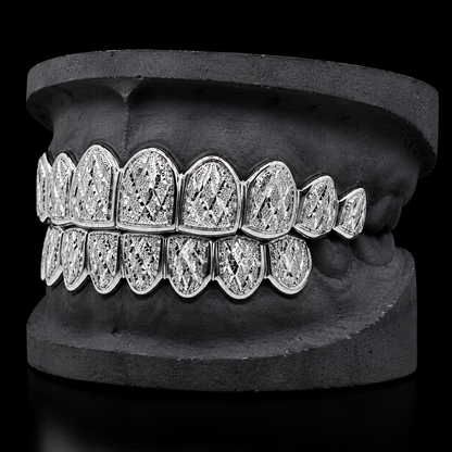 925 Solid Sterling Silver 18K White Gold Plated Dust + Diamond Cut Grillz