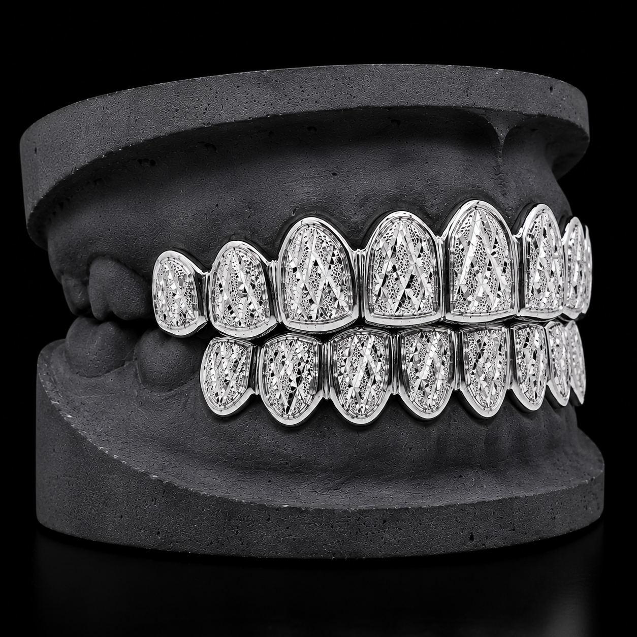 925 Solid Sterling Silver 18K White Gold Plated Dust + Diamond Cut Grillz