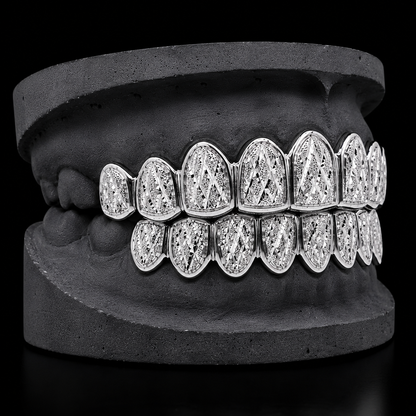 925 Solid Sterling Silver 18K White Gold Plated Dust + Diamond Cut Grillz