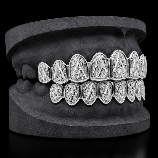 925 Solid Sterling Silver 18K White Gold Plated Dust + Diamond Cut Grillz