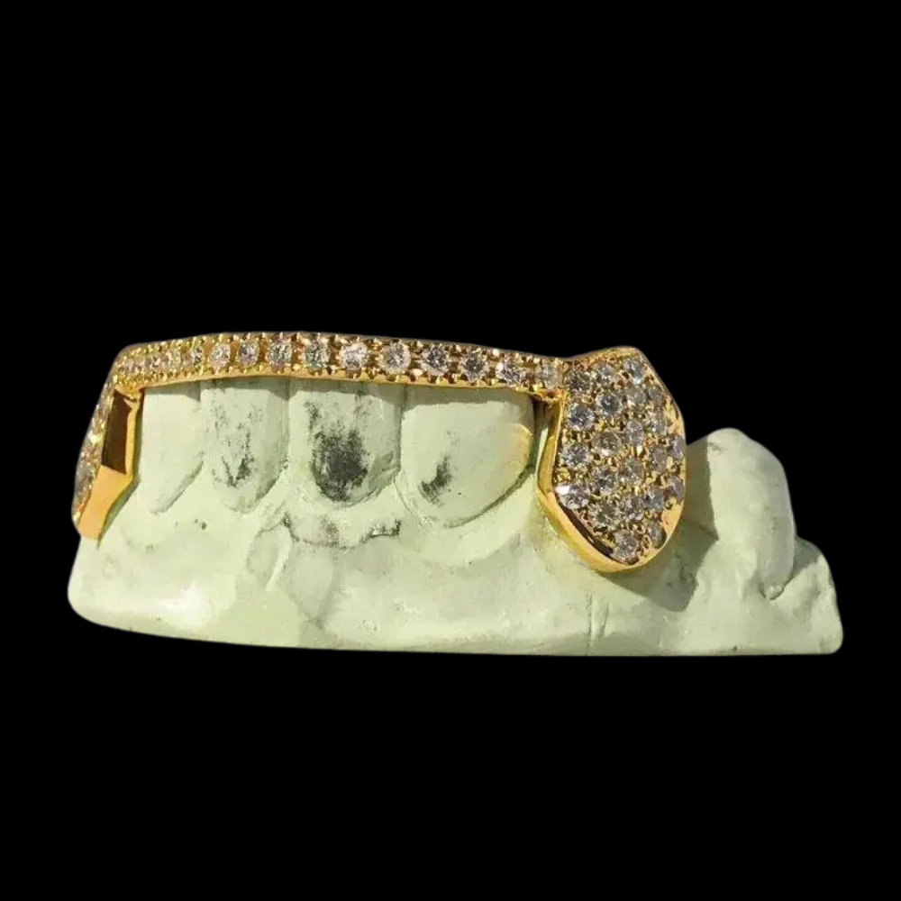 Custom 6 Teeth One Row Diamond Bar with Diamond Tip Extended Fangs Gold Grillz