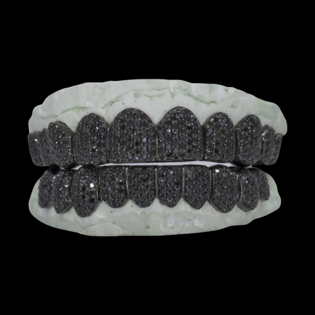 Black VVS Moissanite Diamond Grillz full set on dental mold with dense pave setting and matte black metal base