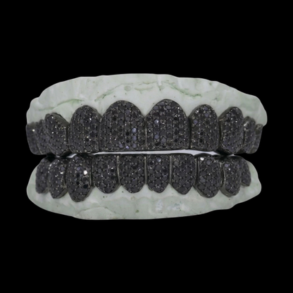Black VVS Moissanite Diamond Grillz full set on dental mold with dense pave setting and matte black metal base