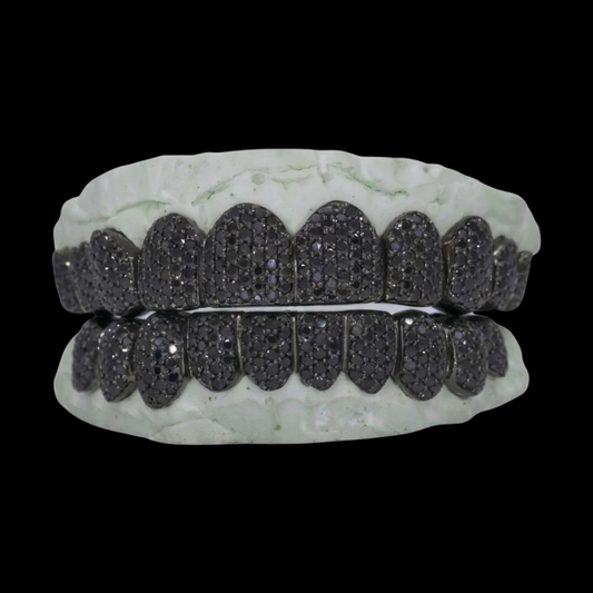 Black VVS Moissanite Diamond Grillz full set on dental mold with dense pave setting and matte black metal base
