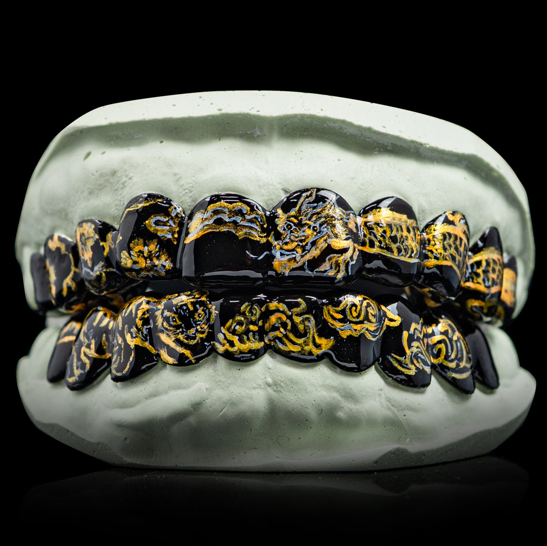 Hand Painted Fine China Porcelain Themed Grillz (Black)