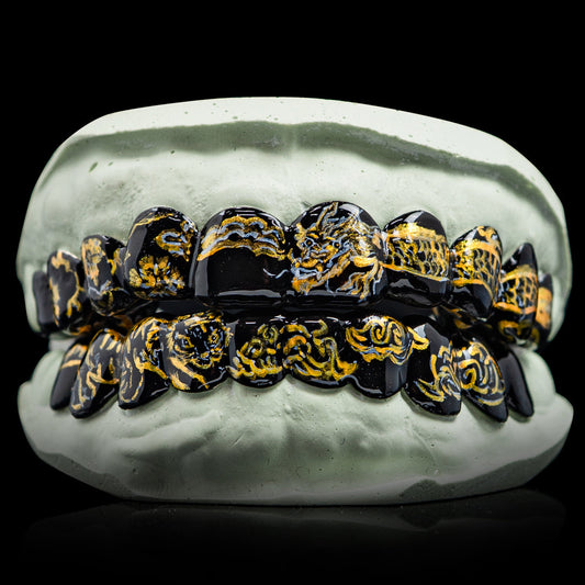 Hand Painted Fine China Porcelain Themed Grillz (Black)