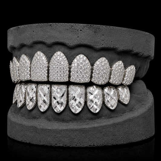 Silver custom diamond grillz with VVS moissanite top pavé and checkerboard bottom cut