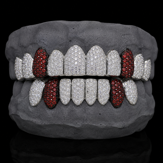 Silver Blood Stone Fangs VVS Moissanite Diamond Grillz with red stone fangs