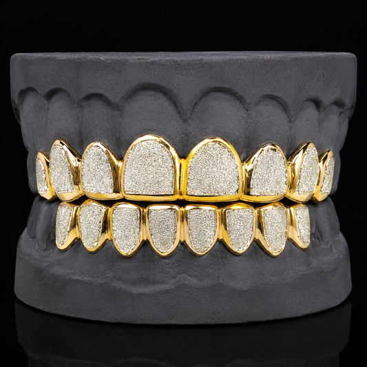 925 Sterling Silver 18K Yellow Gold Plated Two Tone Diamond Dust Cut Custom Grillz