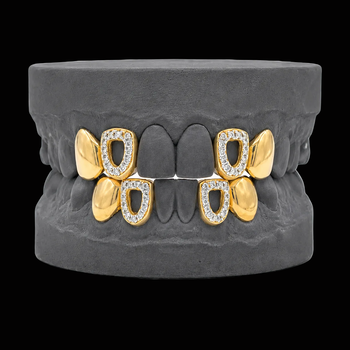 14k gold open face solid teeth grillz with diamond accents on dental mold