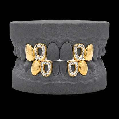 14k gold open face solid teeth grillz with diamond accents on dental mold