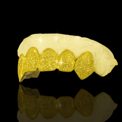 Custom 2:2 Teeth Diamond Dust Grillz With Extended Fangs Gold Grillz