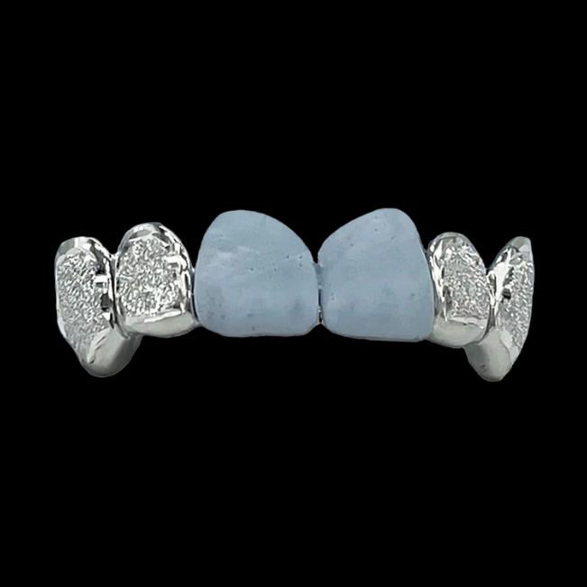 Custom 2:2 Teeth Diamond Dust Grillz With Extended Fangs Gold Grillz
