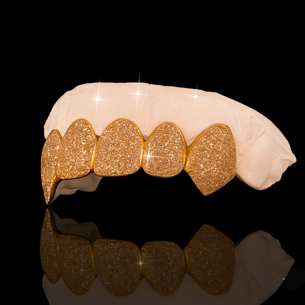 Custom 2:2 Teeth Diamond Dust Grillz With Extended Fangs Gold Grillz