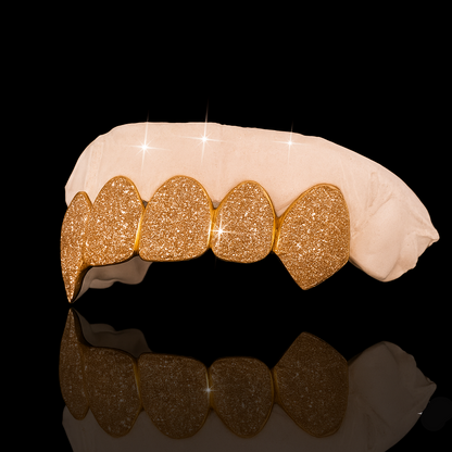 Custom 2:2 Teeth Diamond Dust Grillz With Extended Fangs Gold Grillz