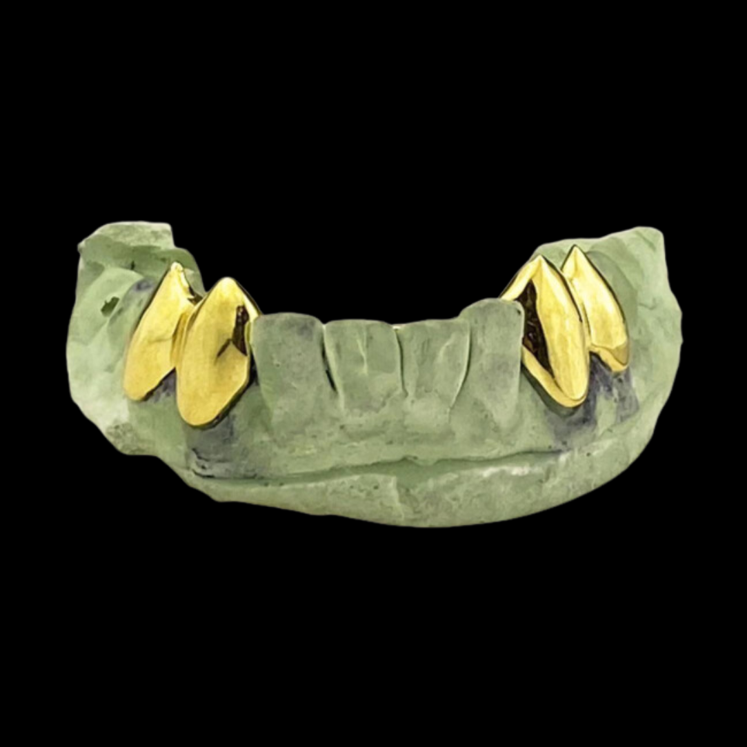 Custom 2:2 Teeth Grillz With Extended Fangs Gold Grillz