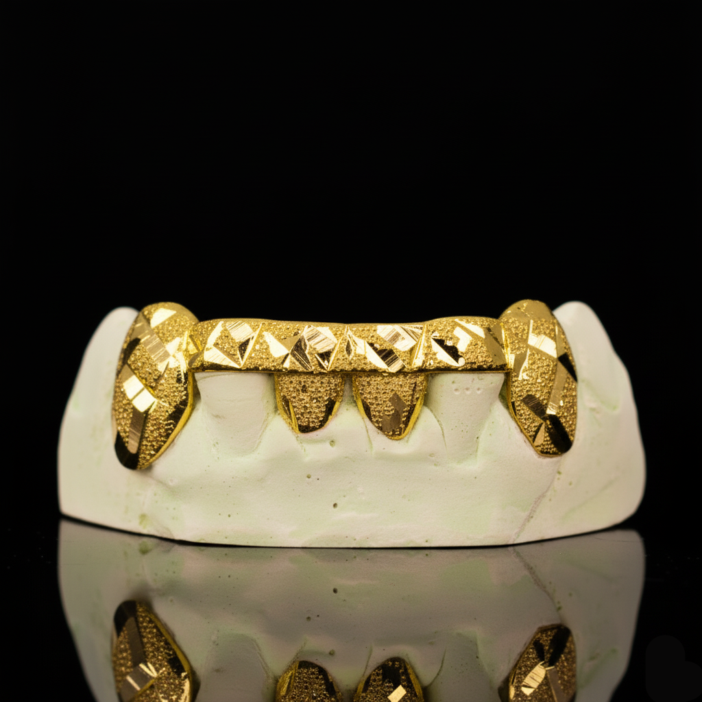 Custom 2 Teeth Diamond Cut And Diamond Dust With Front And Back Bar Gold Grillz