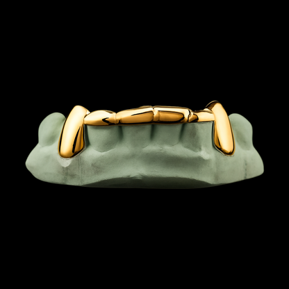 Custom 2 Teeth Fangs With Front Bar Gold Grillz