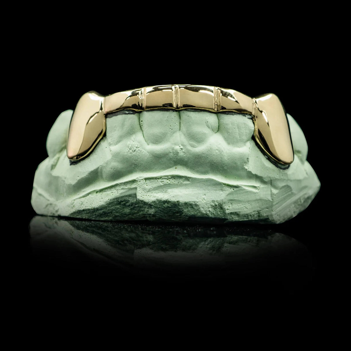 Custom 2 Teeth With Front Bar With Extended Fangs Gold Grillz