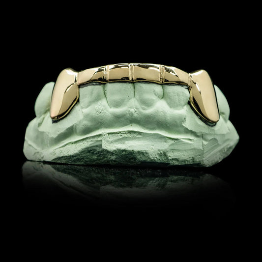 Custom 2 Teeth With Front Bar With Extended Fangs Gold Grillz